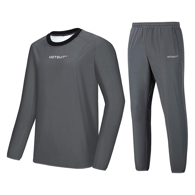 Two-piece gray HOTSUIT sauna suit featuring a long-sleeve top and matching pants designed for sweat enhancement.