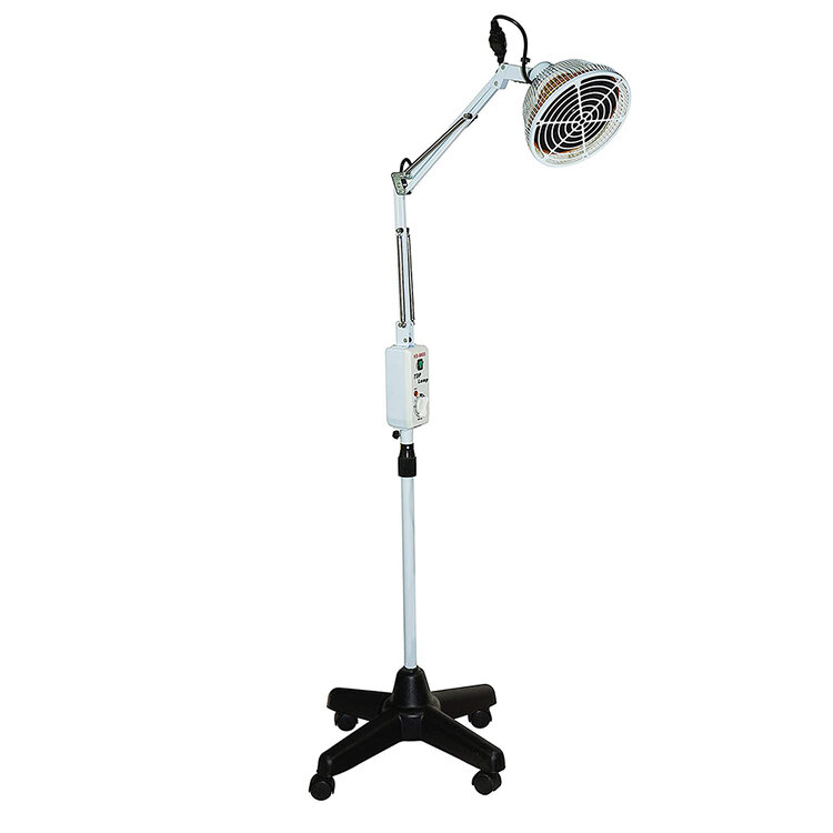Adjustable infrared heat lamp on a wheeled stand, designed for targeted therapeutic heat therapy.