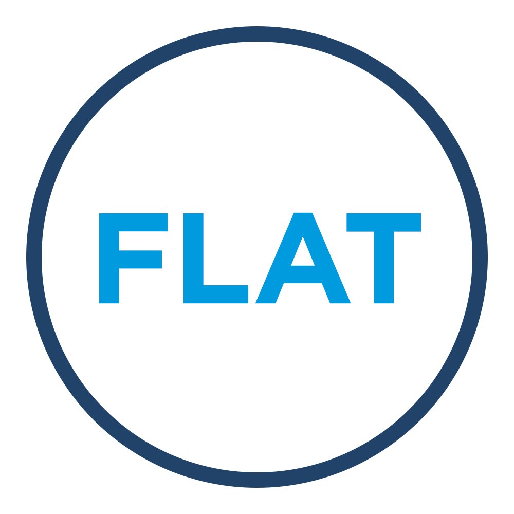 Blue word FLAT centered inside a dark blue circle on a white background. This Link will open in new tab.