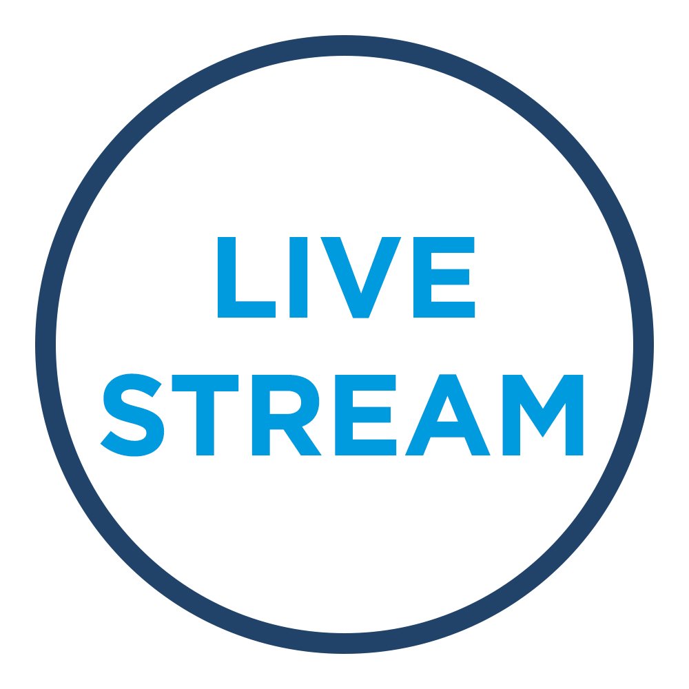 Blue text LIVE STREAM centered inside a dark blue circle on a white background. This Link will open in new tab.