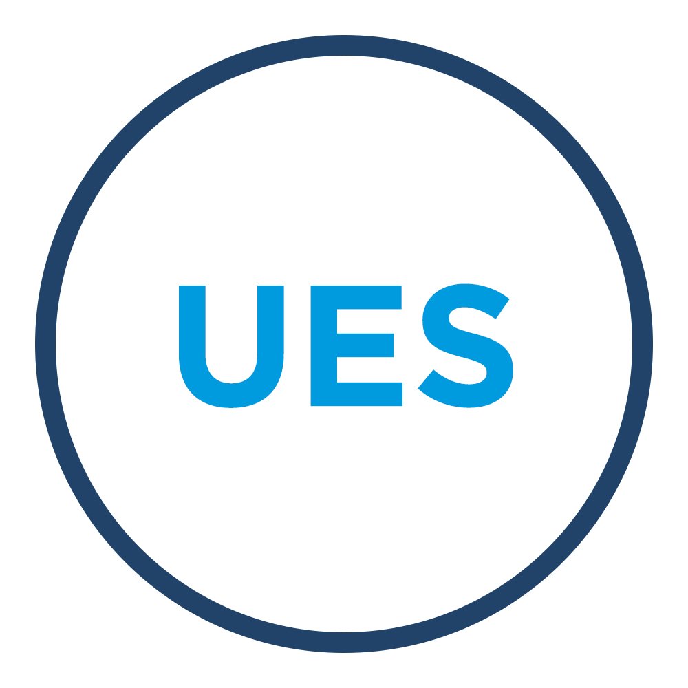 Blue letters UES centered inside a dark blue circle on a white background. This Link will open in new tab.