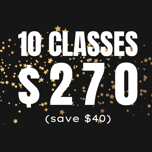 Black Friday offer graphic with text 10 Classes $270 (save $40) over a black background with gold stars.