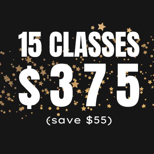 Black Friday deal with text 15 Classes $375 (save $55) on a black background with scattered gold stars.