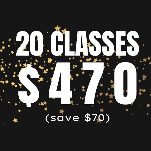 Black Friday promotion with text 20 Classes $470 (save $70) on a black background decorated with gold stars.