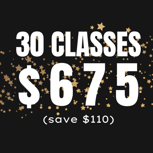 Black Friday offer showing 30 Classes $675 (save $110) with bold white text and gold stars on a black background.