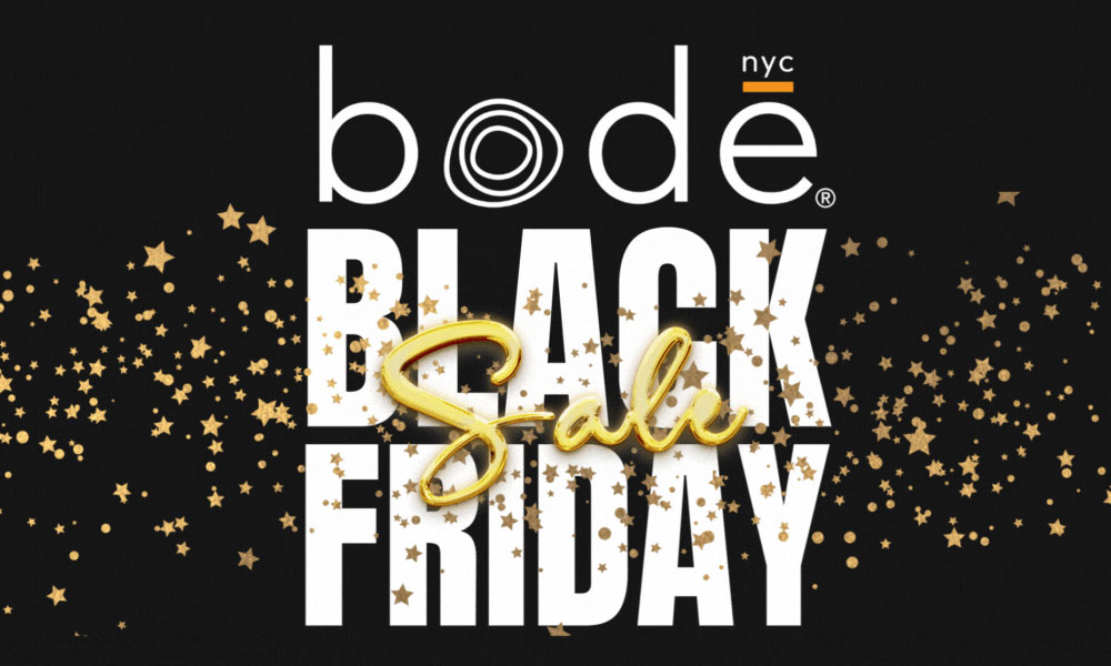 bodē nyc Black Friday Sale graphic with gold stars and bold white and gold lettering on a black background.