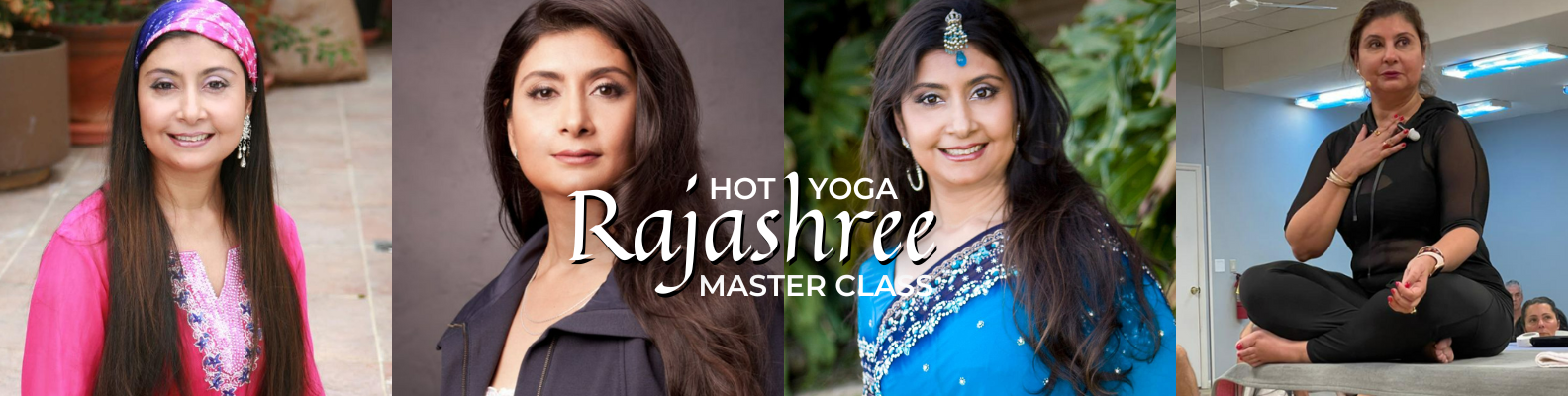 Collage featuring Rajashree in various poses and outfits, promoting her Hot Yoga Master Class.