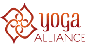 Yoga Alliance logo with a floral emblem and gradient orange-red text.