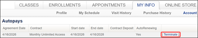 Image showing how to cancel a membership contract on MindBody client software.