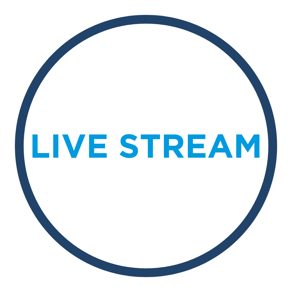 Blue text LIVE STREAM centered inside a dark blue circle on a white background. This Link will open in new tab.